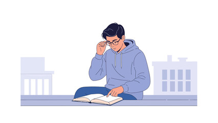 Focused Student Studying A Book Wearing Glasses In Front Of City Building