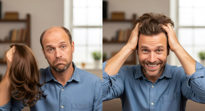 Man with hair loss holding a wig versus happy man with hair after transplant. Hair restoration solution for baldness concept.