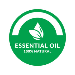 Essential Oil Drop Vector Label Design on White Background. Green Sign with Hundred Percent Natural Product for Beauty Packaging.