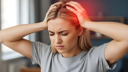 young woman having headache head pain stock file close up./