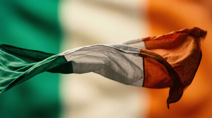 Close-up of the Irish flag in motion, highlighting its green, white, and orange colors, ideal for design or cultural projects.