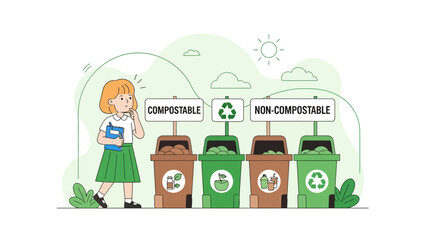 Fototapeta premium Girl Deciding About Sorting Trash For Composting And Recycling Process Illustration