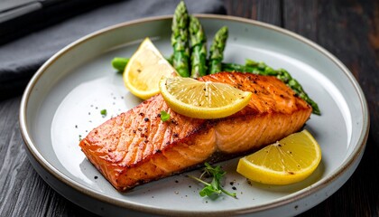 A Culinary Delight: A close-up shot of a succulent grilled salmon fillet, beautifully plated with fresh asparagus spears and zesty lemon wedges, offering a tantalizing gourmet experience.