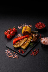 Vegetables. corn, bell peppers, zucchini, and mushrooms grilled or barbecued. Grilled vegetables