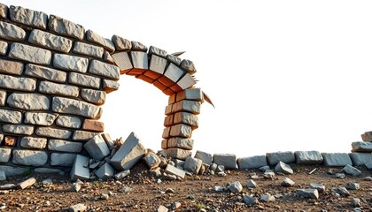 Ein Mauerwerk zerbricht und f&auml;llt in Tr&uuml;mmer, dahinter &ouml;ffnet sich ein heller, klarer Raum, als Symbol f&uuml;r Barrieren&uuml;berwindung,  dust,  destruction