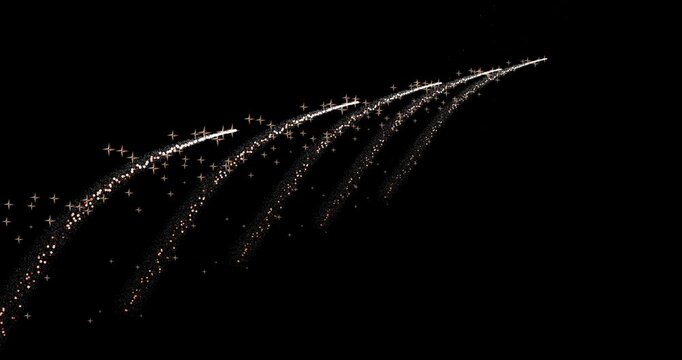 Abstract trails of particles fly along a curved trajectory against a black background, reminiscent of fireworks. Their flickering creates a dynamic and mesmerizing image.
