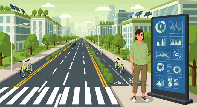 Woman Interacting with Smart City Technology Display.
