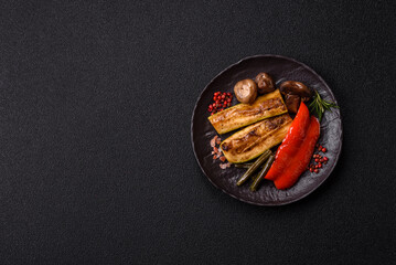 Vegetables. corn, bell peppers, zucchini, and mushrooms grilled or barbecued. Grilled vegetables