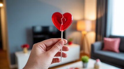 Hand holding a broken red heart lollipop in a modern living room setting representing heartbreak sadness and relationship ending