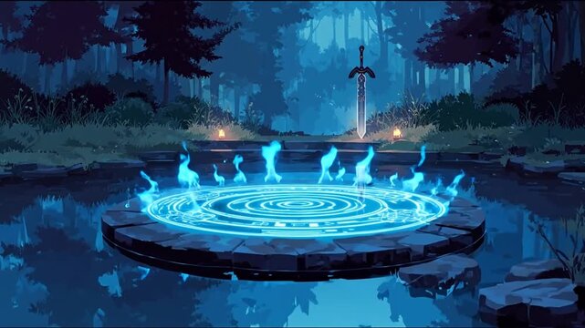 Mystical forest scene Glowing sword, magic circle, and blue flames on water