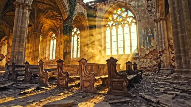 Ancient sunlight sanctuary, Historic cathedral ruins bathed in warm sunlight and dust particles, Sunshine filters through shattered stained glass illuminating decayed interior of ancient sacred buildi