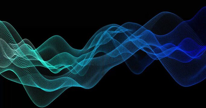 Abstract trails of particles undulate across a dark background, creating dynamic patterns. Their shimmering movement creates a sense of digital energy and depth.