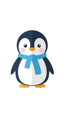 Obraz premium Cute cartoon penguin wearing a blue scarf, isolated on white background, flat design