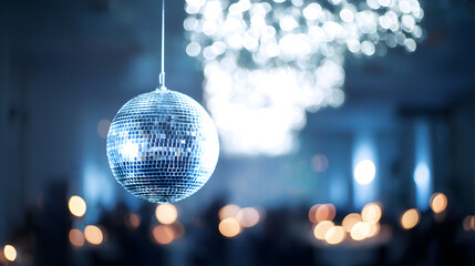 Disco ball reflecting light in a dimly lit venue during an evening event with guests socializing in the background