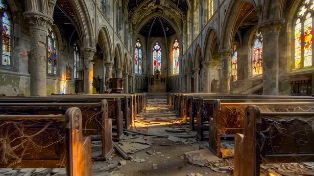 Peaceful ancient sanctuary, Deserted historical church filled with sunlight and colorful stained glass, Serene abandoned place featuring bright stained glass windows and nostalgic atmosphere