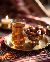 Dates and tea on a golden tray with a lit candle, celebrating ramadan or eid al-fitr