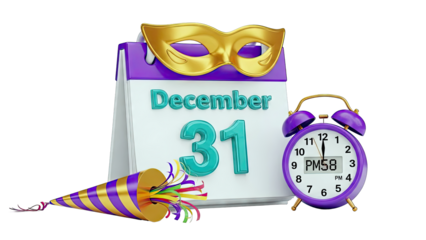 New Year's Eve Countdown: Calendar, Mask, Party Popper, and Clock