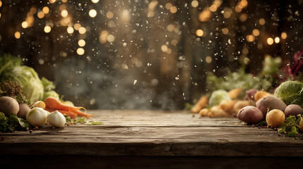 rustic wooden table with fresh vegetables and festive bokeh lights