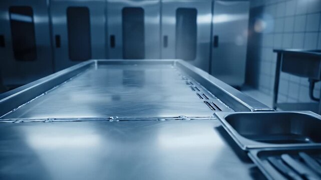 Empty Autopsy Table in Morgue - This stock video showcases an empty stainless steel autopsy table inside a morgue.