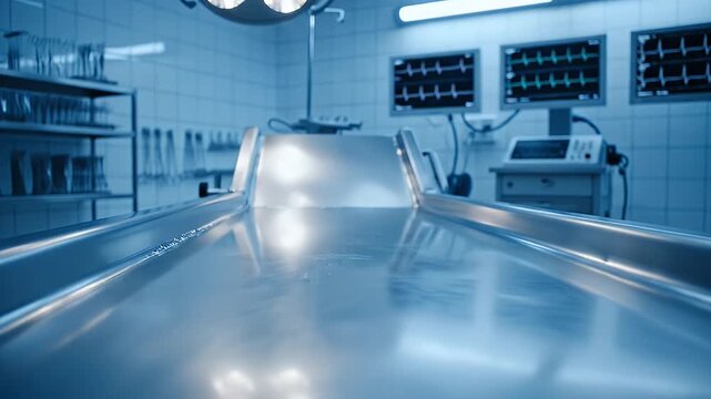 Surgical Autopsy Room with Medical Equipment - The video depicts a sterile surgical autopsy room, featuring a stainless steel examination table under bright overhead lights.