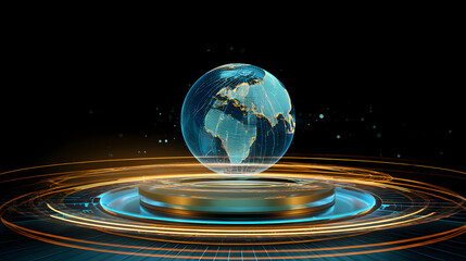 Digital globe with glowing lines and circular patterns showing continents in 3D design