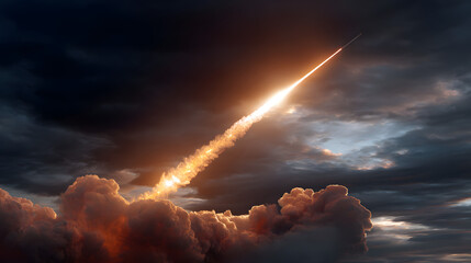 Rocket launches into the sky as clouds gather around during evening hours