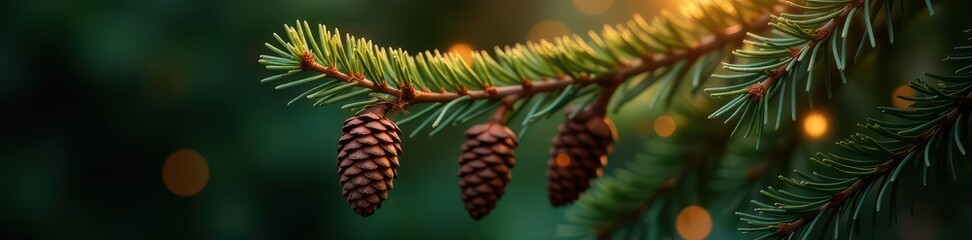 Illuminated pine branch with pinecones; blurred lights , lights, winter, magical