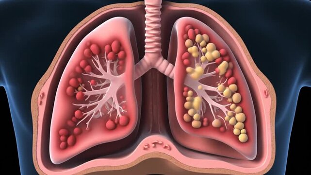 Medical Animation Of The Human Respiratory System Showing Diseased Lungs With Tumors And Nodules In A Cutaway View