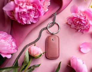 elegant pink leather keychain with floral design and tag surrounded by pink flowers and fabric