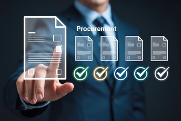 Professional businessman managing digital procurement checklist with automated supply chain management software virtual interface