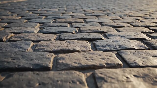 Close-Up of Cobblestone Pavement - A detailed close-up view of a cobblestone pavement, showcasing the textures and uneven surfaces of the stone blocks.