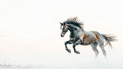 Fototapeta premium Majestic horse galloping through misty landscape at dawn, showcasing natural beauty and grace