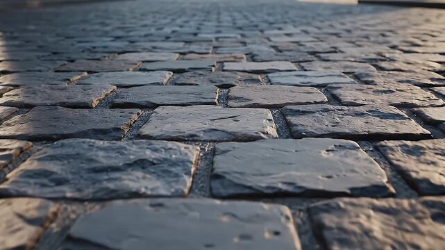 Close-Up of Cobblestone Street at Sunset - This video features a detailed close-up of a cobblestone street, focusing on the texture and variety of stone shapes.