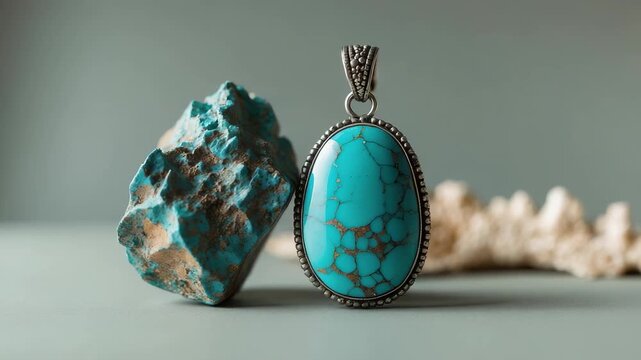 Turquoise pendant and stone displayed on a flat surface with natural light and simple background