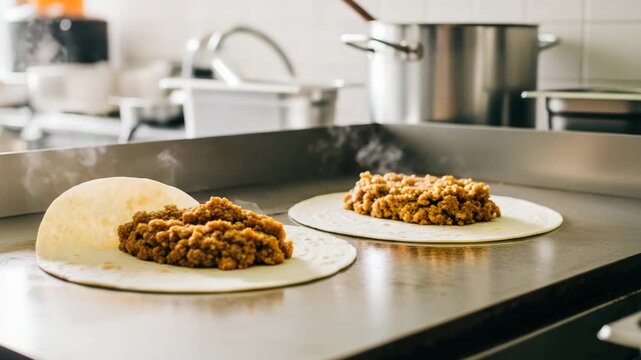 A person preparing two burritos on a stainless steel kitchen countertop with a spatula