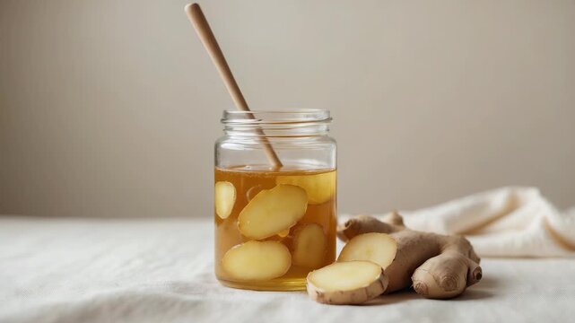 Ginger mixture preparation in a jar with ginger slices placed beside it