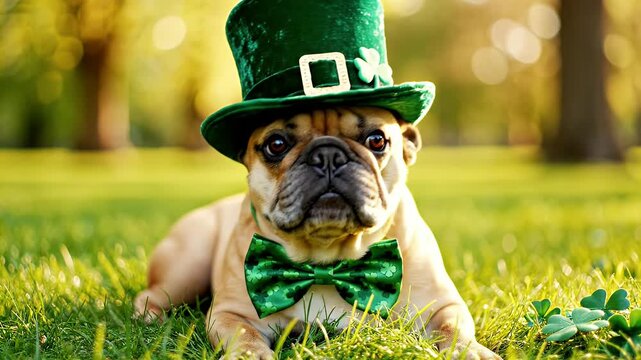 Cute French Bulldog in St. Patrick's Day Attire - A charming French Bulldog is seen wearing a festive green leprechaun hat and a matching bow tie adorned with shamrock patterns.