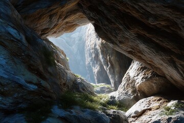 Hidden Passage: Exploring a dark cave and discovering an entrance, revealing a stunning sunlit outdoor environment, showcasing the contrast between the dark interior and the bright exterior.