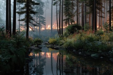 Forest Fire by Water: A fiery forest fire rages on the horizon, its intense flames reflected in the still water of a river. The imposing trees stand silhouetted against the smoke-filled sky.
