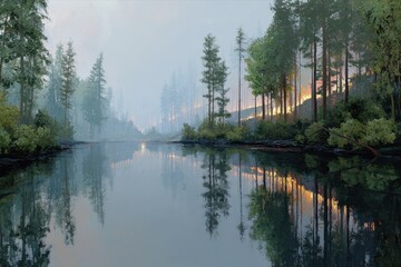 Misty Reflections in the Forest: A serene landscape features a calm lake mirroring the surrounding forest, shrouded in a soft, atmospheric mist. The image exudes tranquility.