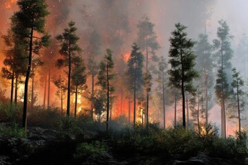 Inferno's Embrace: A vivid portrayal of a raging wildfire engulfing a forest, depicting the raw power and destructive potential of nature's forces.