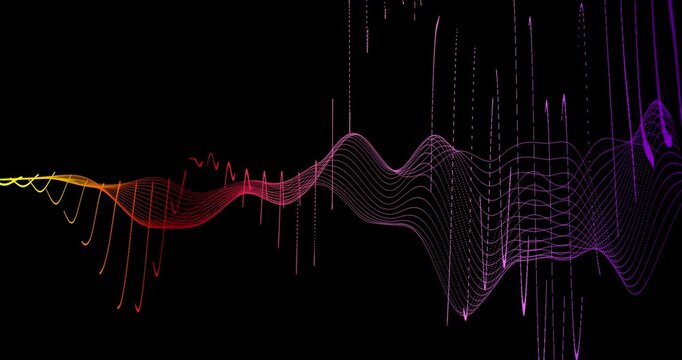 Abstract trails of particles undulate across a dark background, creating dynamic patterns. Their shimmering movement creates a sense of digital energy and depth.