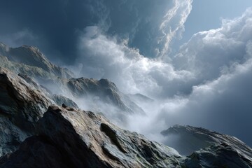 Majestic Mountain Majesty: Capturing the awe-inspiring beauty of nature, the towering peaks pierce the heavens, draped in ethereal mist and framed by dramatic, swirling clouds, symbolizing strength.