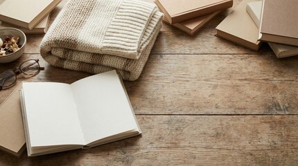 Fototapeta premium Cozy reading setup with open book on wooden desk