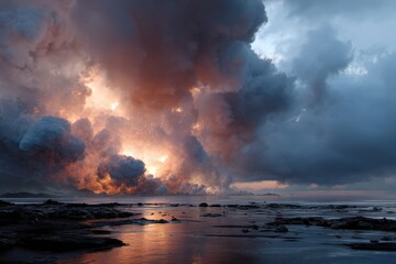 Dramatic Skies Over Calm Water: The image portrays an awe-inspiring spectacle of nature's power. Dramatic cloud formations dominate the sky, their dark.