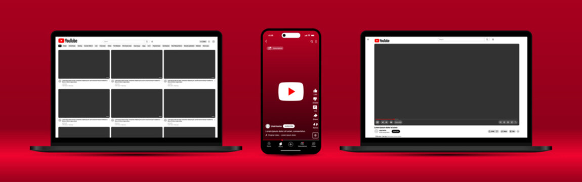 YouTube Cross Platform UI Mockup with Red Background Showing Laptop and Smartphone Screens Video Player Thumbnails Playback Controls Channel Interface and Media Streaming Layout