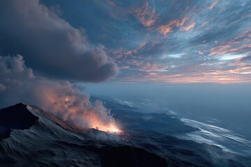 Erupting Volcano at Sunset: Witness the raw power of nature as a volcano erupts, spewing molten lava and smoke against a backdrop of a stunning sunset over the ocean.