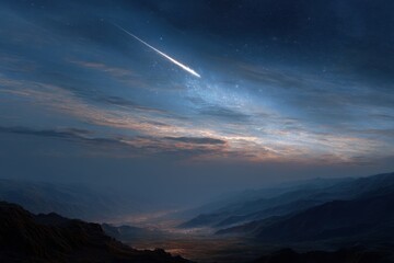 Celestial Cascade: A mesmerizing long exposure captures a celestial dance of light as a meteor streaks across the night sky, illuminating the twilight with trails of cosmic dust.