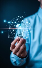 Innovative Business Idea and Creative Brainstorming Concept with Businessman Holding Glowing Light Bulb Connected to Global Digital Network Mesh 