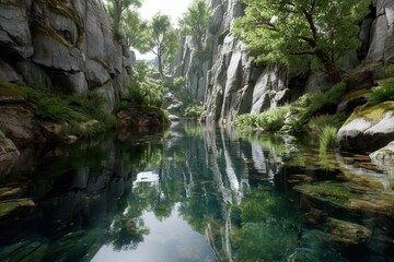 Emerald Oasis: A serene water body meanders through a dramatic gorge, flanked by towering rock formations and verdant trees, creating a haven of tranquility and natural beauty.